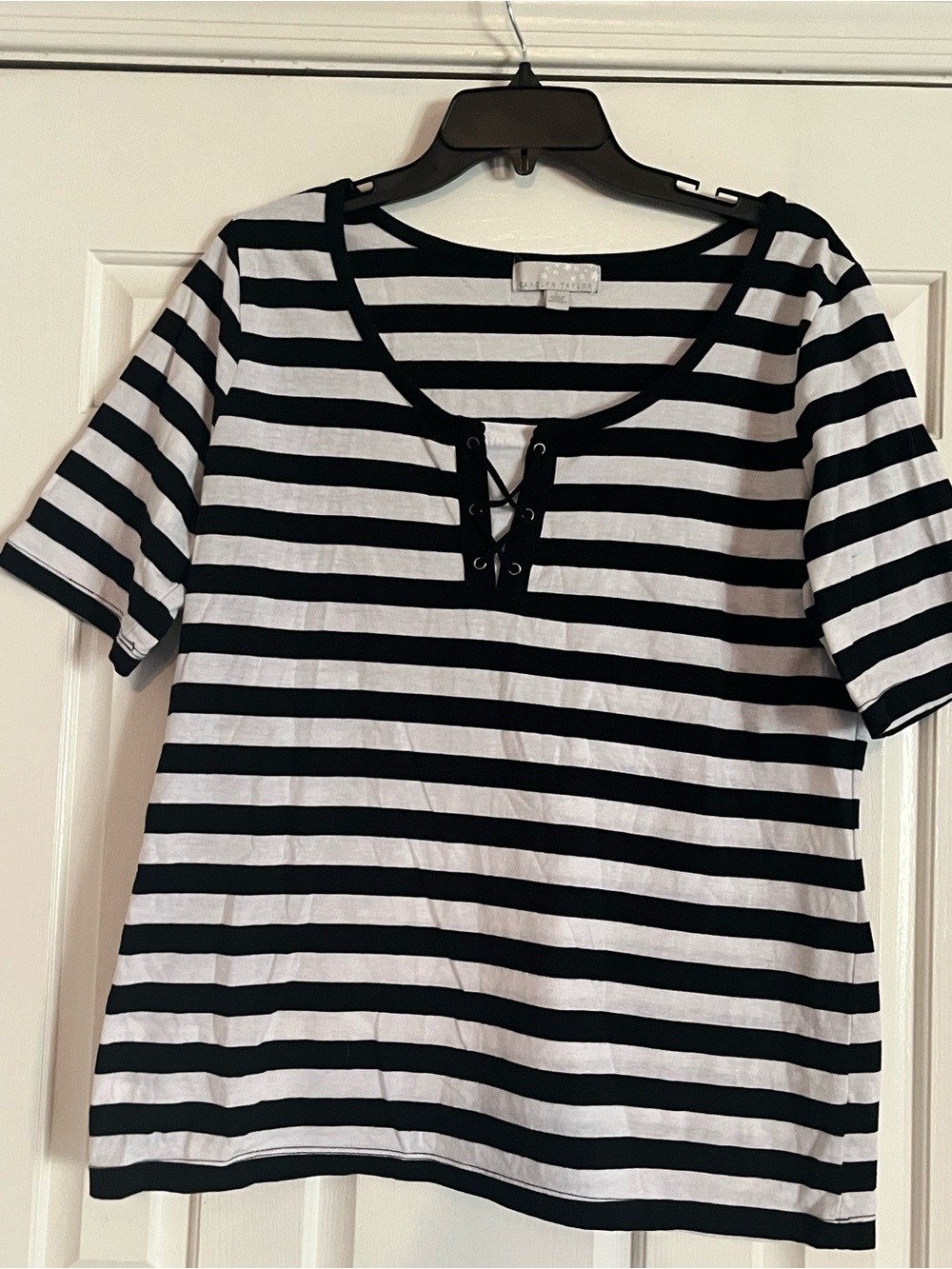 Carolyn Taylor Black and White Striped Lace-Up Short Sleeve Tee
